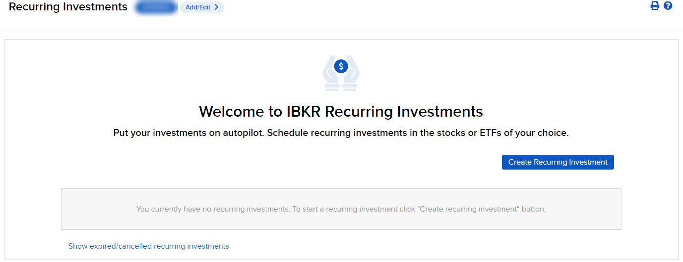 Image of the recurring investments panel in portal. 